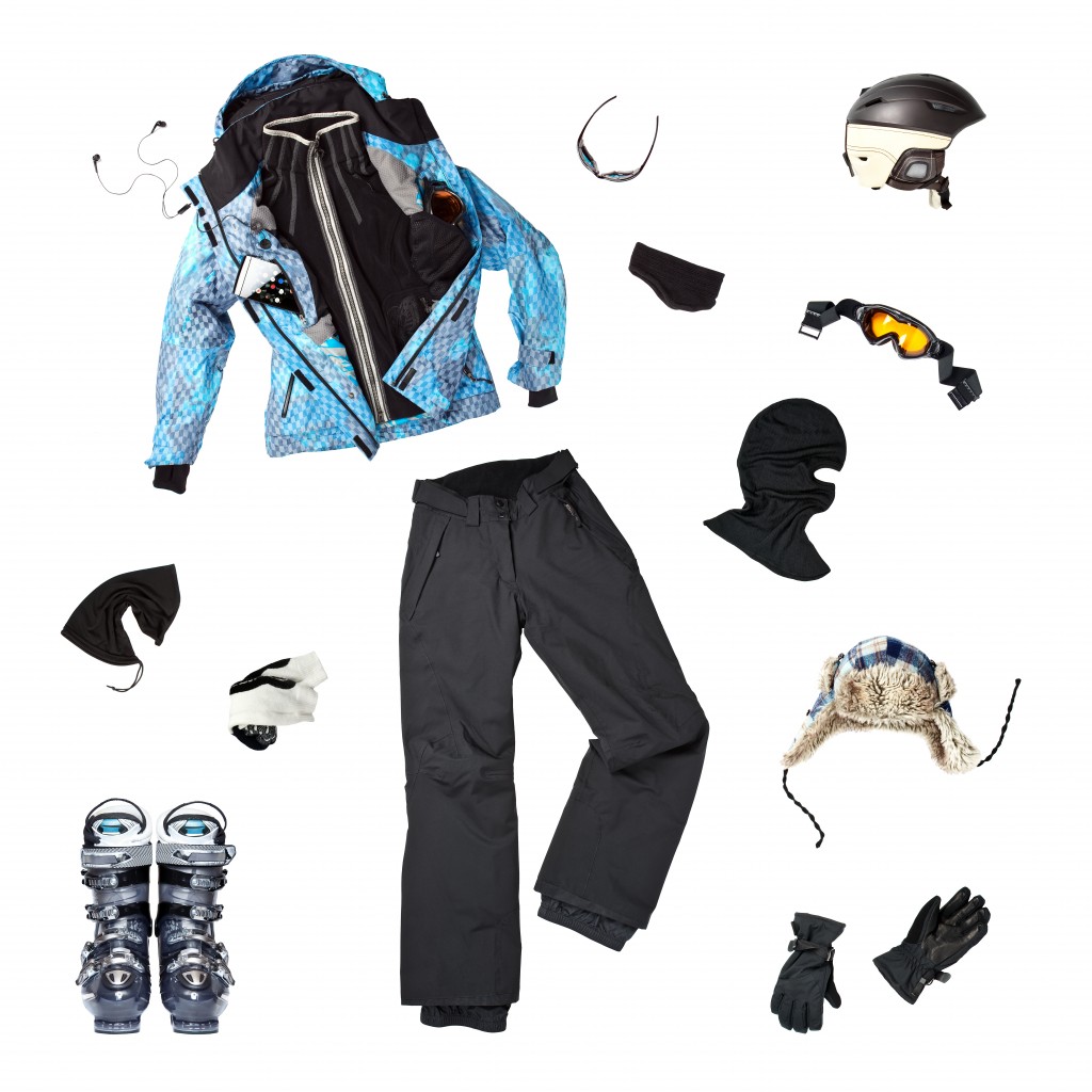 The set of all necessary woman skier clothing and accessories for winter fun outdoors, isolated over white background